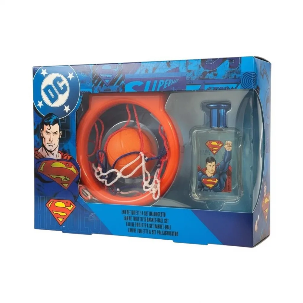Set cadou baieti Superman cu apa de toaleta 50 ml si cos de baschet
