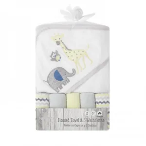 Set cadou bebelusi cu 5 mini prosopele si prosop de baie cu gluga model Animalute