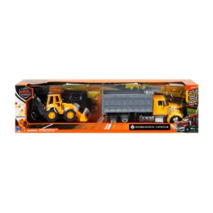 Set camion cu platforma si vehicul de constructie