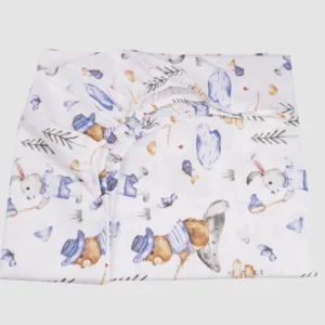 Set complet 7 piese lenjerie si aparatori patut 120x60 cm din bumbac model iepurasi albastru