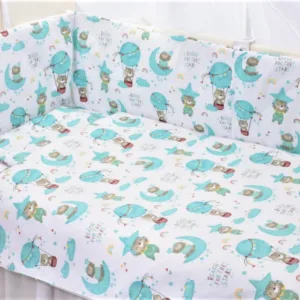 Set complet 7 piese lenjerie si aparatori patut 120x60 cm din bumbac model ursuleti in balon