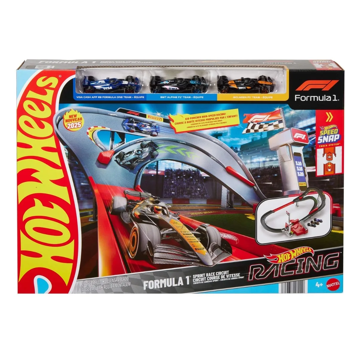 Set de joaca cu 3 masinute si piste Hot Wheels