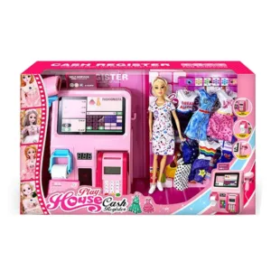 Set de joaca papusa cu haine de schimb si casa de marcat