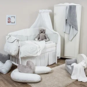 Set de pat pentru bebelusi Teddy Dream Minky White 6 piese