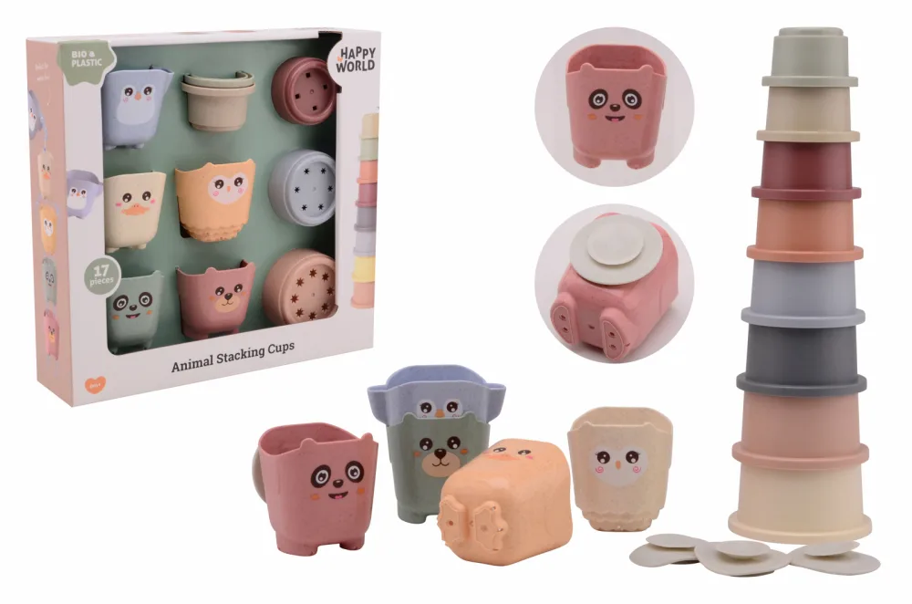 Set de stivuit si joaca cu apa Montessori galetuse si pahare din plastic bio Happy World JohnToy