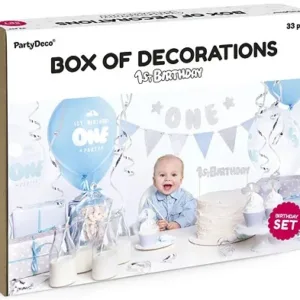 Set decoratiuni petrecere First Birthday cu 33 elemente Albastru  Argintiu