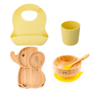 Set diversificare pentru copii Oaki castron si farfurie elefant din bambus cu lingurita