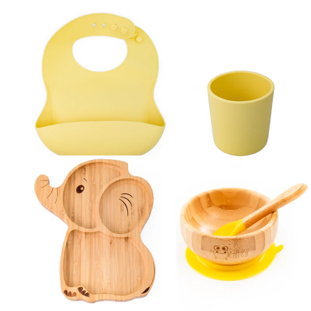 Set diversificare pentru copii Oaki castron si farfurie elefant din bambus cu lingurita