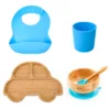 Set diversificare pentru copii Oaki castron si farfurie masinuta din bambus cu lingurita