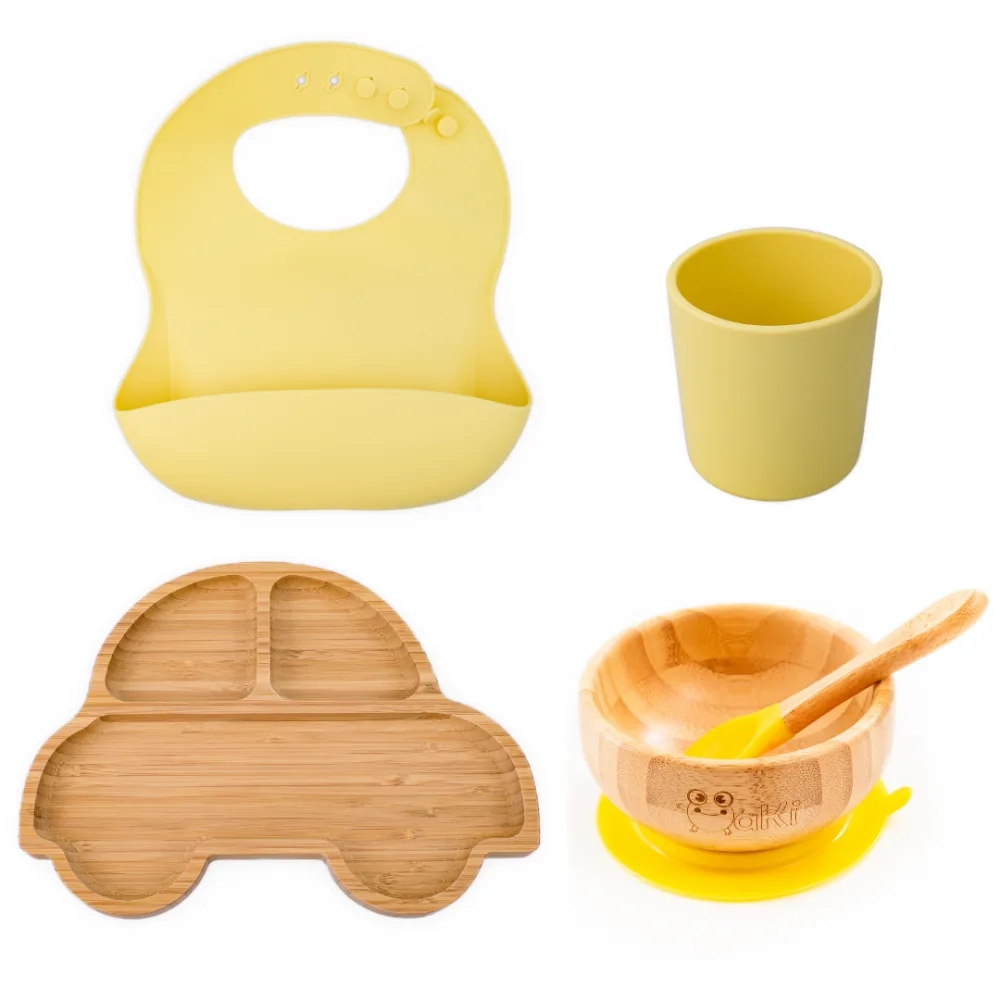 Set diversificare pentru copii Oaki castron si farfurie masinuta din bambus cu lingurita