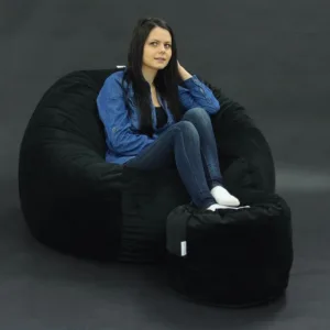 Set fotoliu puf king size otoman black velvet umplut cu fulgi de burete memory mix