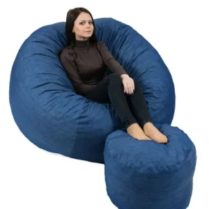 Set fotoliu puf king size otoman blue denim umplut cu fulgi de burete memory mix