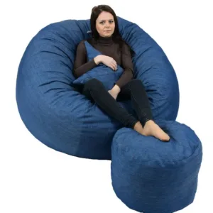 Set fotoliu puf king size otoman perna decorativa blue denim umplut cu fulgi de burete memory mix