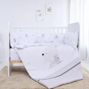 Set lenjerie de pat 5 piese cu protectii laterale Lorelli Ranforce 70 x 140 cm Little Rabbits Gri