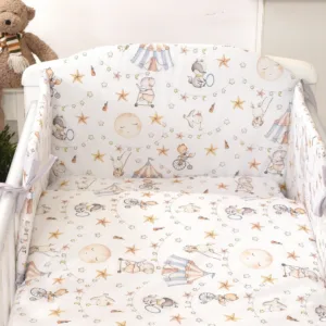 Set lenjerie din bumbac cu protectie laterala Amy pentru pat bebe 120 x 60 cm Circ Blue