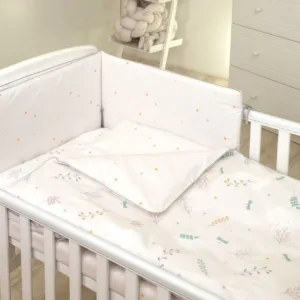 Set lenjerie din bumbac cu protectie laterala fata dubla pentru pat bebelusi 120 x 60 cm Airy Beige