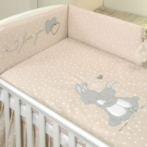 Set lenjerie din bumbac cu protectie laterala pentru pat 140x70cm Iepuras Bej