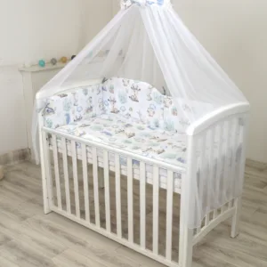 Set lenjerie din bumbac cu protectie laterala pentru pat bebe 120 x 60 cm Animalute Amy