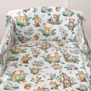 Set lenjerie din bumbac cu protectie laterala pentru pat bebe 120 x 60 cm Animalute de padure Amy