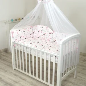 Set lenjerie din bumbac cu protectie laterala pentru pat bebe 120 x 60 cm Inimioare Amy