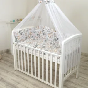 Set lenjerie din bumbac cu protectie laterala pentru pat bebe 120 x 60 cm Safari bej Amy