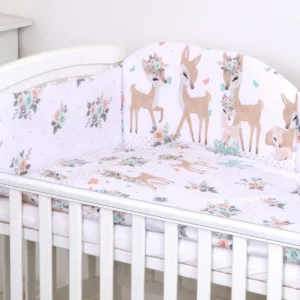 Set lenjerie din bumbac cu protectie laterala pentru pat bebelusi 120 x 60 cm Caprioara