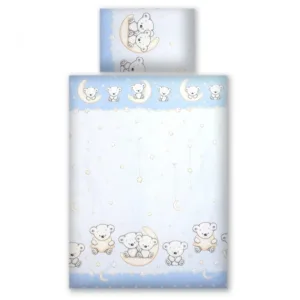 Set lenjerie din bumbac cu protectie laterala pentru pat bebelusi 120x60cm Teddy Bear Blue