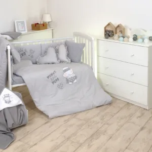 Set lenjerie din bumbac cu protectie laterala pentru pat bebelusi Hero Grey 120 x 60 cm