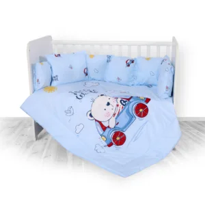Set lenjerie pat 8 piese 70x140 cm bumbac ranforce Bear  Car Blue