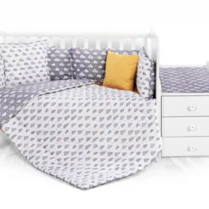 Set lenjerie pat 8 piese bumbac ranforce Trend Happy Clouds Grey