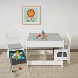 Set masuta cu 2 scaunele din lemn cu spatiu de depozitare si tabla Ginger Home AlbGri