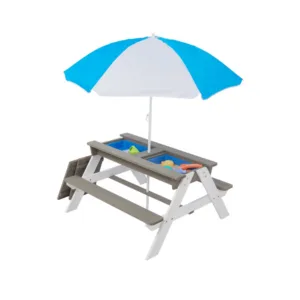 Set masuta de gradina si bancute pentru copii Ginger Home GriAlb 3in1 din lemn