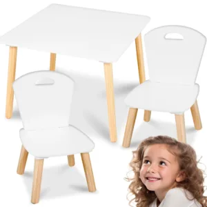 Set masuta si 2 scaunele cu spatar din lemn pentru copii Ricokids Alb