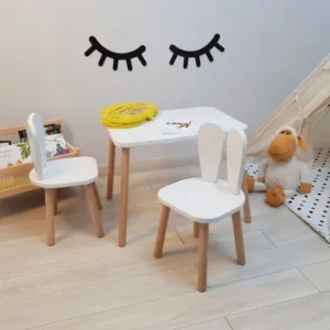 Set masuta si 2 scaunele cu spatar pentru copii Ginger Home Bunny Alb din lemn
