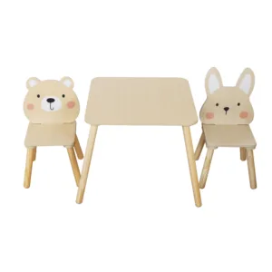 Set masuta si 2 scaunele cu spatar pentru copii din material MDF Moni Bear and Bunny Beige