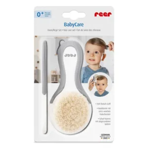 Set perie si pieptene ingrijire bebelusi cu par natural de capra alb cu gri BabyCare Hair Reer 81070