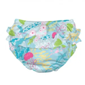 Slip fete refolosibil SPF 50+ cu capse si volanase Green Sprouts by iPlay Aqua Coral Reef 4T