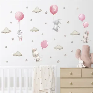 Sticker decorativ pentru copii autoadeziv Iepurasi cu baloane roz 70x49 cm
