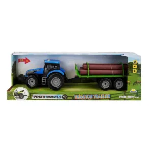 Tractor albastru cu remorca cu lemne