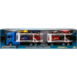 Transportator albastru cu 2 niveluri si 8 masinute de curse