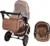 Carucior pentru copii Baby Care Pro 530 Crem cu Imprimeu Bambucci 3 in 1 Transformabil, Cadru Aluminiu, Amortizoare, Roti din cauciuc, Spatar reglabil 3 trepte, Plasa insecte, Geanta