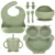 Set 8 piese diversificare hrana bebelusi, Ikonka, din silicon alimentar, durabile si flexibile, Bol si farfurie cu ventuze, tacamuri, Cana cu pai, model Green Owl